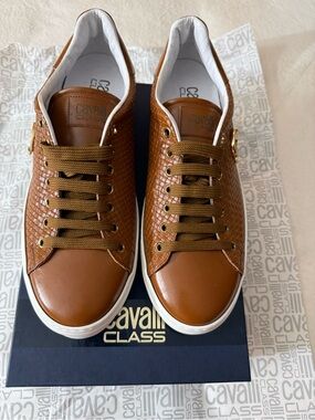 Just Cavalli Men's Tan Brown Leather Sneakers with Gold Accents